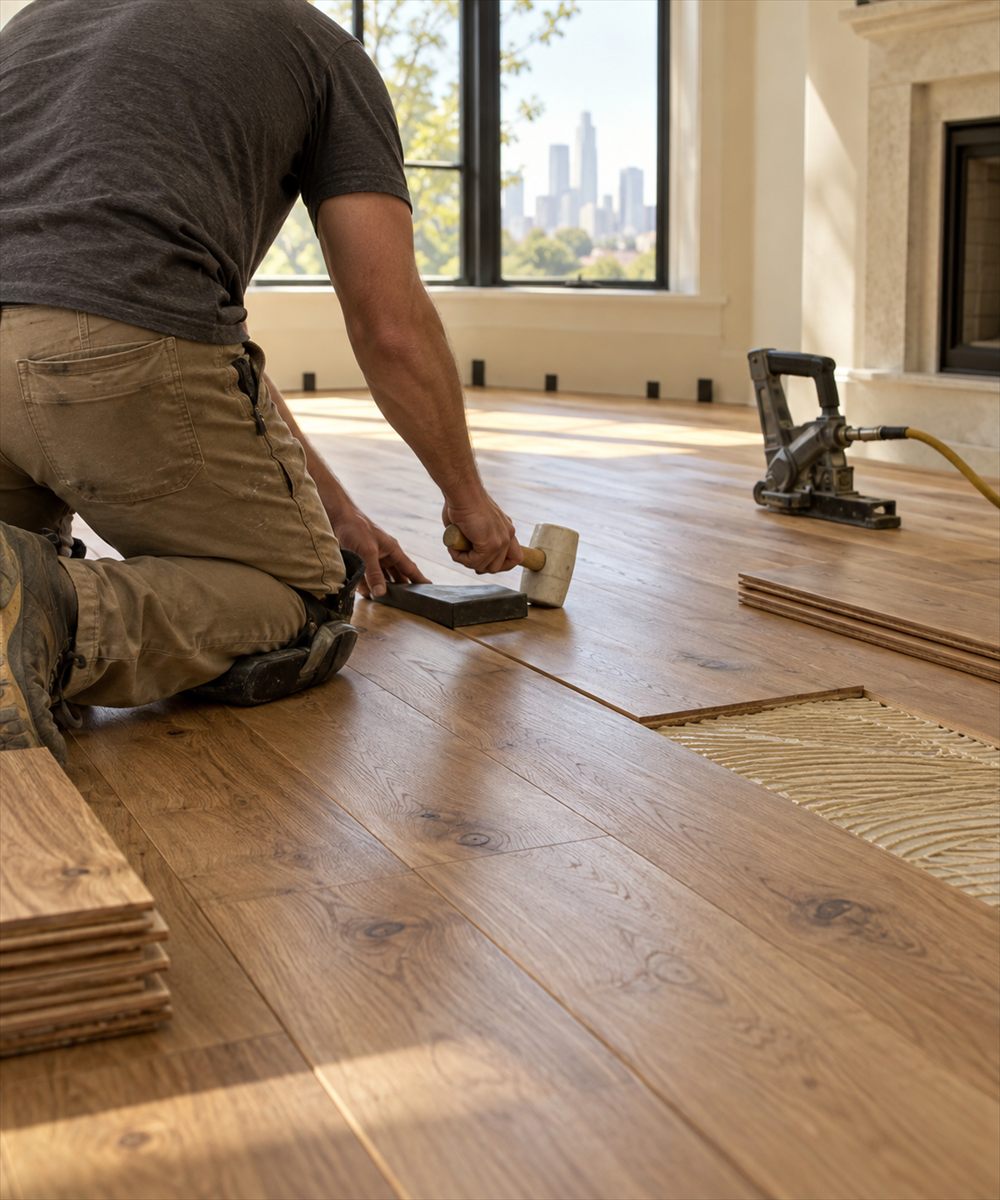 C.A. Flooring Solutions installer at work on a hardwood floor